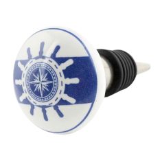 Ship Wheel Slate Blue Flat Ceramic Wine Bottle Stopper